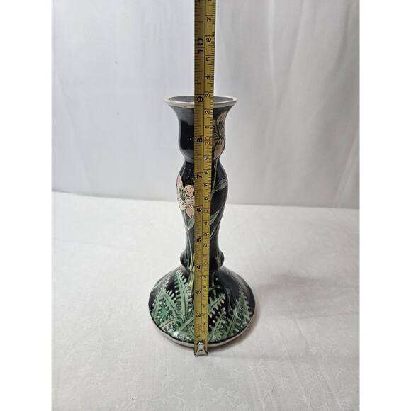 Vintage Porcelain Floral Candle Stick Holders Hand Painted in Macau 80s Black - Picture 9 of 13